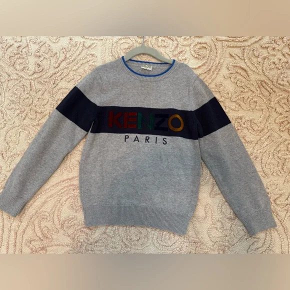 Kenzo Kids Grey Sweater with Blue Trim and colorful logo. French Designer. - Picture 3 of 4